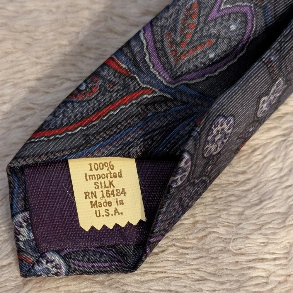 Salvatori Tie Paisley Floral Silk OS Gray Red Purple Blue Vintage Dark Academia